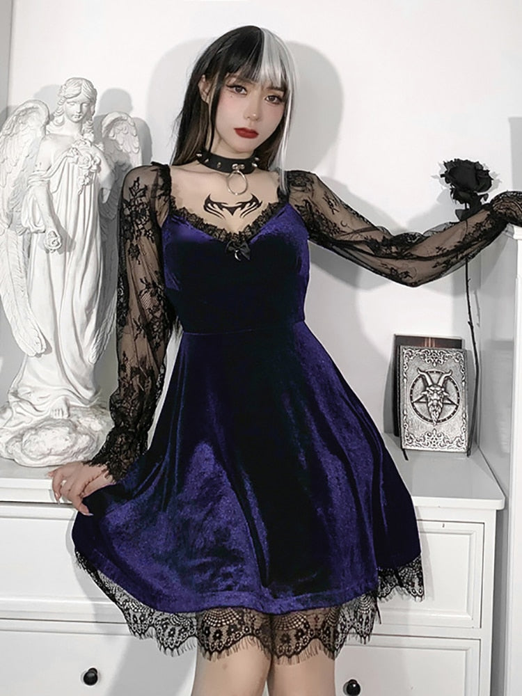 Goth Dark Velour Gothic Aesthetic Vintage Dresses Women's Lace Patchwork Grunge Black Dress Long Sleeve A-line Autumn Partywear