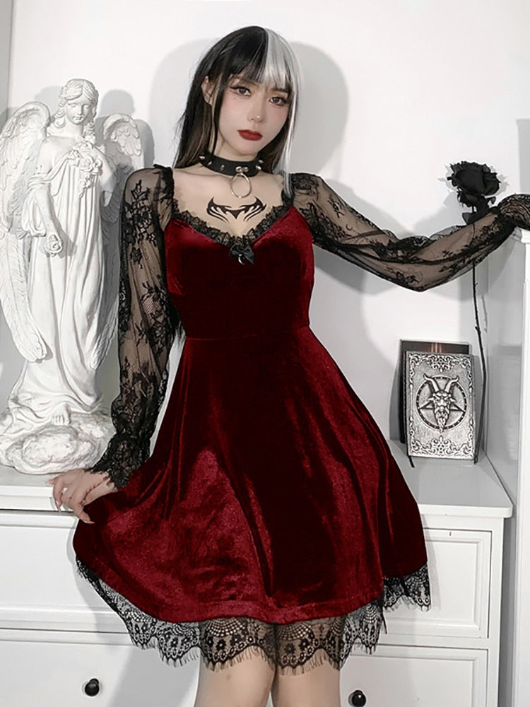 Goth Dark Velour Gothic Aesthetic Vintage Dresses Women's Lace Patchwork Grunge Black Dress Long Sleeve A-line Autumn Partywear