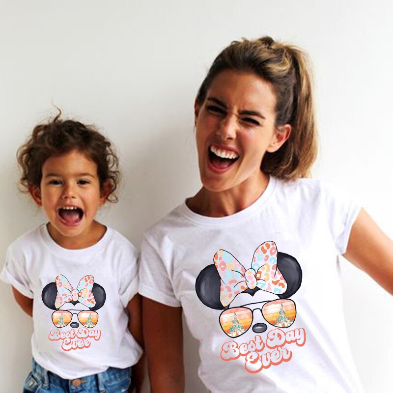 Best Day Ever Print Funny Family Matching T-shirt Minnie Mickey Mouse Shirt White Father Mother and Kids Disney Tees Tops