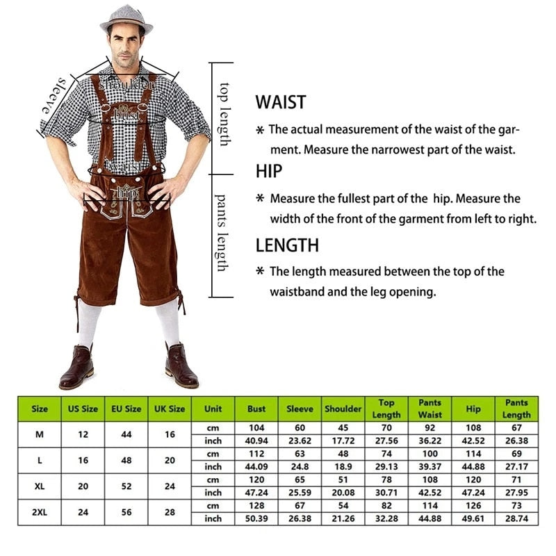 Traditional German Oktoberfest Man's Beer Costume Red Gray Plaid Shirt Embroidered Straps Halloween Carnival Party Cosplay Set