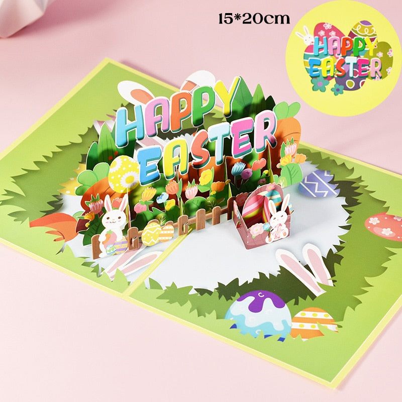 3D Pop UP Happy Birthday Greeting Invitation Card Happy Mother Father Day Love Mom Dad Rose Flower Easter Bunny Thank You Gift