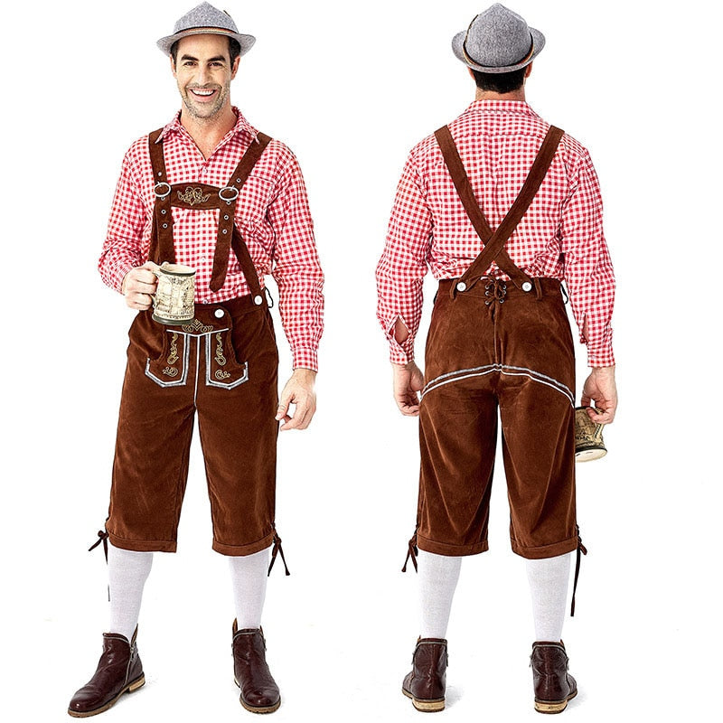 Traditional German Oktoberfest Man's Beer Costume Red Gray Plaid Shirt Embroidered Straps Halloween Carnival Party Cosplay Set