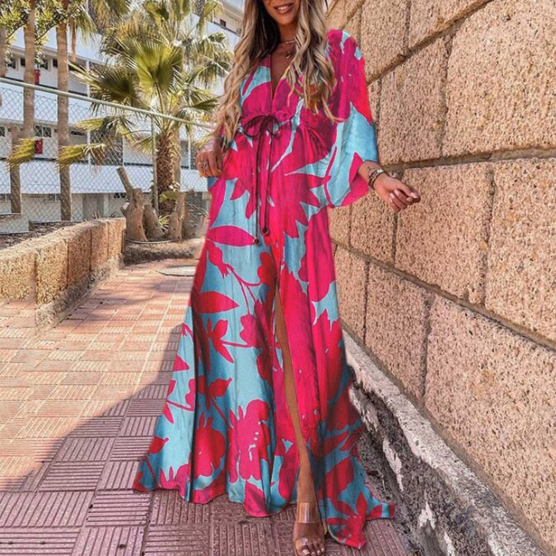 Elegant Deep V Neck Printing Hem Maxi Dresses Women Casual Button Elastic Waist Long Party Dress Summer Loose Slit Beach Dress