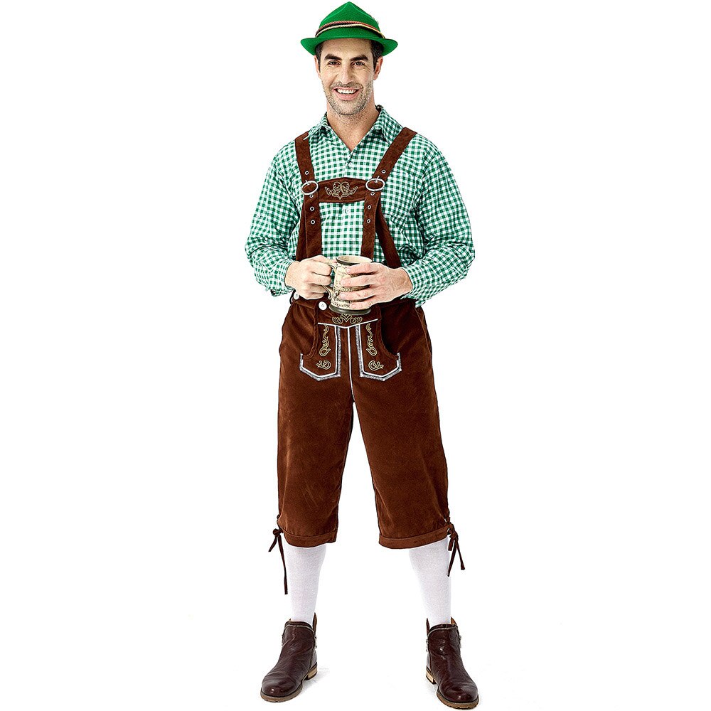 Adults German Bavarian Oktoberfest Costumes Men Traditional Outfit Plaid Shirt Embroidered Straps Shorts Halloween Carnival Set