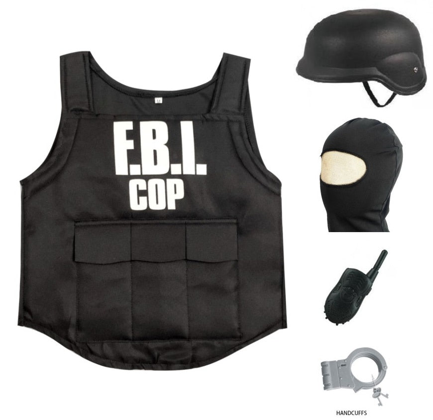 FBI Agent Police Uniform  Bulletproof  Vest & Helmet Costume Fancy Dress Outfit 3-9years children police costume