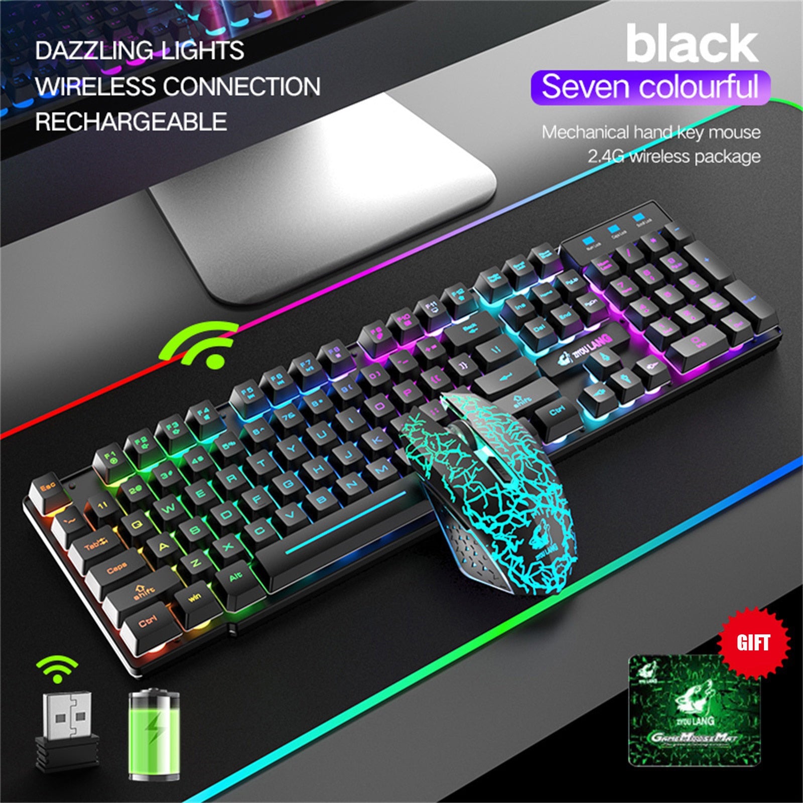 LED Rechargeable Wireless Keyboard Gaming Mouse Sets Rainbow