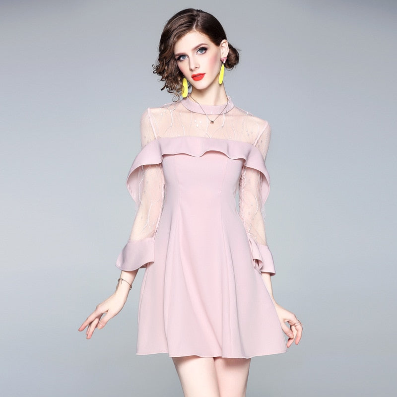 Spring and summer 2020 new women&#39;s mesh splicing Ruffle Dress celebrity perspective sheath dresses butterfly sleeve cloth
