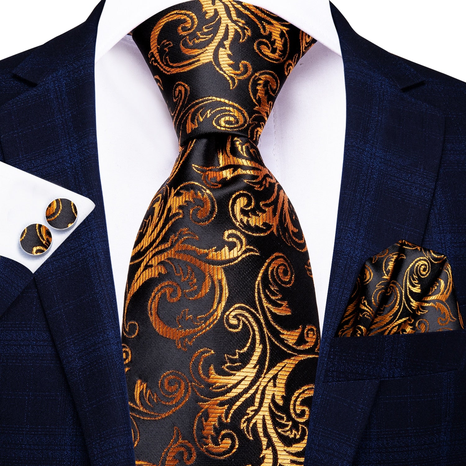 Hi-Tie 100% Silk Luxury Mens Ties Floral Black Gold Ties Paisley NeckTie Pocket Square Cufflinks Set Men&#39;s Wedding Party Tie