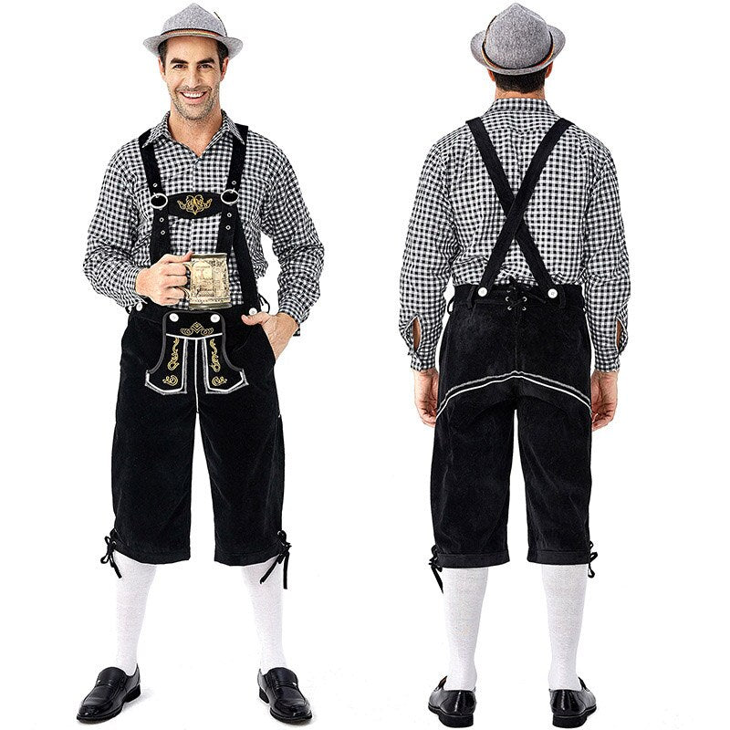 Adults German Bavarian Oktoberfest Costumes Men Traditional Outfit Plaid Shirt Embroidered Straps Shorts Halloween Carnival Set