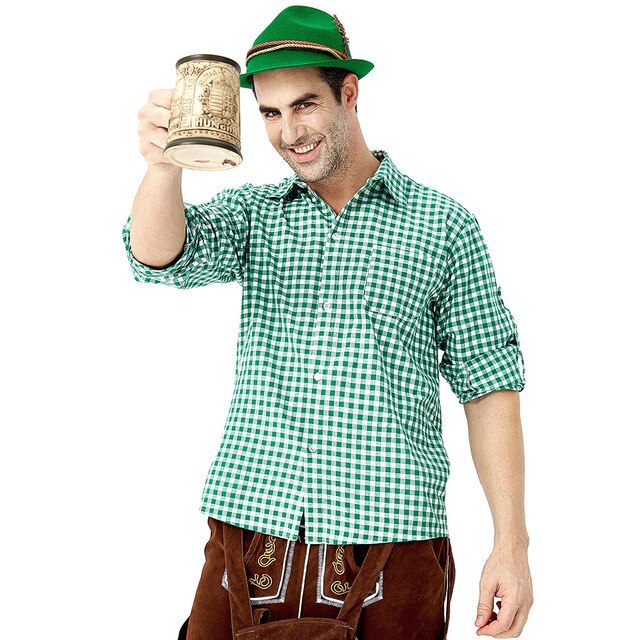 Adults German Bavarian Oktoberfest Costumes Men Traditional Outfit Plaid Shirt Embroidered Straps Shorts Halloween Carnival Set