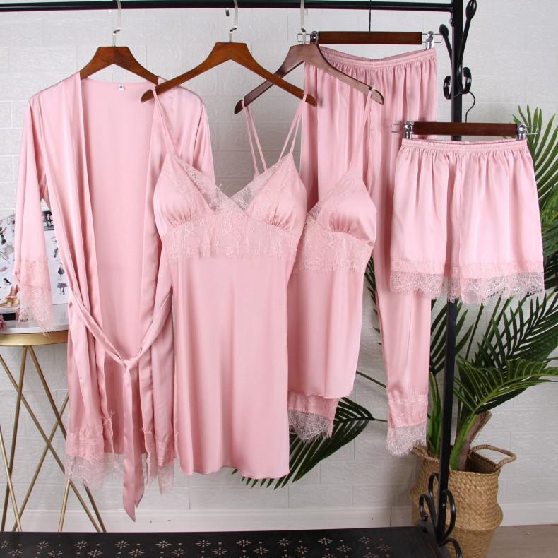 Sexy Female Kimono Bathrobe Gown Satin Nightdress Home Clothes Silky Lace Patchwork Intimate Lingerie Nightgown Sleepwear