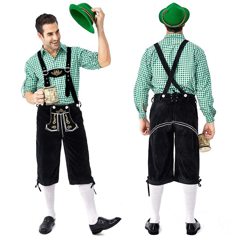 Traditional German Oktoberfest Man's Beer Costume Red Gray Plaid Shirt Embroidered Straps Halloween Carnival Party Cosplay Set