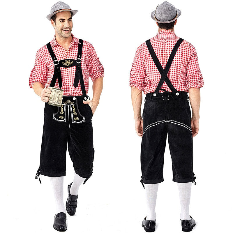 Adults German Bavarian Oktoberfest Costumes Men Traditional Outfit Plaid Shirt Embroidered Straps Shorts Halloween Carnival Set