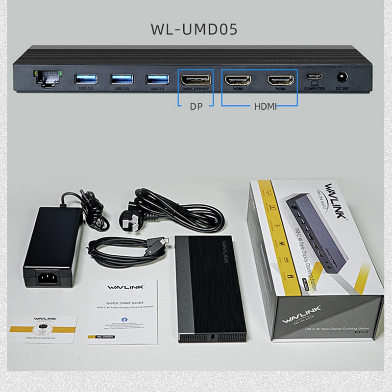 USB-C Triple Display MST Laptop Docking Station DisplayPort HDMIport 4K/60Hz USB 3.0 RJ45 Ethernet For Mac OS Windows Wavlink