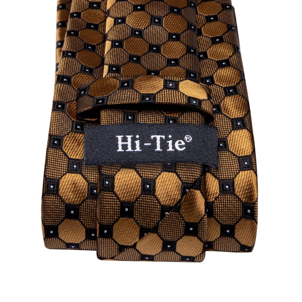 Hi-Tie Black Gold Orange Dot Paisley Silk Wedding Tie For Men Handky Cufflink Fashion Design Tie For Men Business Party Dropship