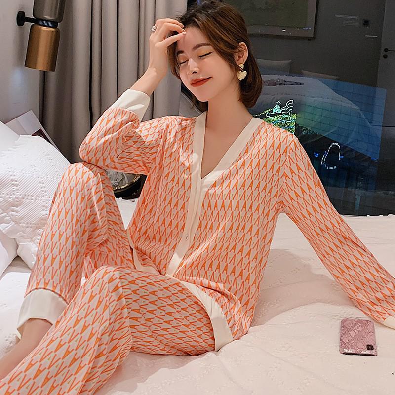 Pajamas Suit Women Satin Print Nightwear Casual 2PCS Pyjamas Set Sleepwear V-Neck Intimate Lingerie Nightgown Comfy Home Wear