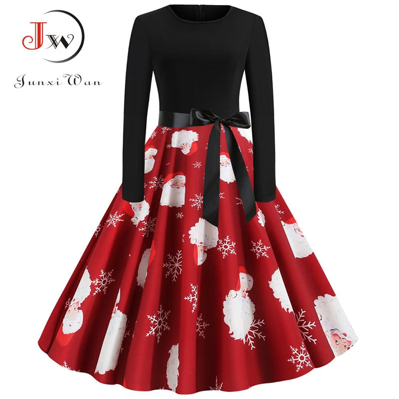 Winter Christmas Dresses Women 50S 60S Vintage Robe Swing Pinup Elegant Party Dress Long Sleeve Casual Print Black