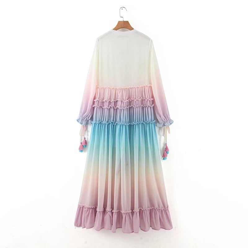 BOHO Gradient Rainbow Color Single-breasted Button Long Dress Sexy Women Holiday Wood ear Tassel Long Sleeve Ruffles Dresses