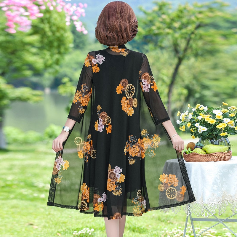 2022 new Summer Floral Print 2 piece set dress cardigan women party midi dresses elegant vintage robe femme 5xL