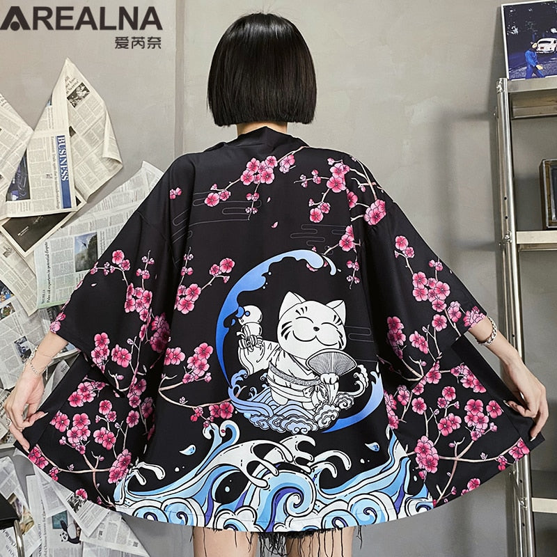 Haori Hombre Anime Kimono Women Summer Lucky Cat Cardigan Blouse Japanese Traditional Beach Sunscreen Yukata with Belt Surblouse