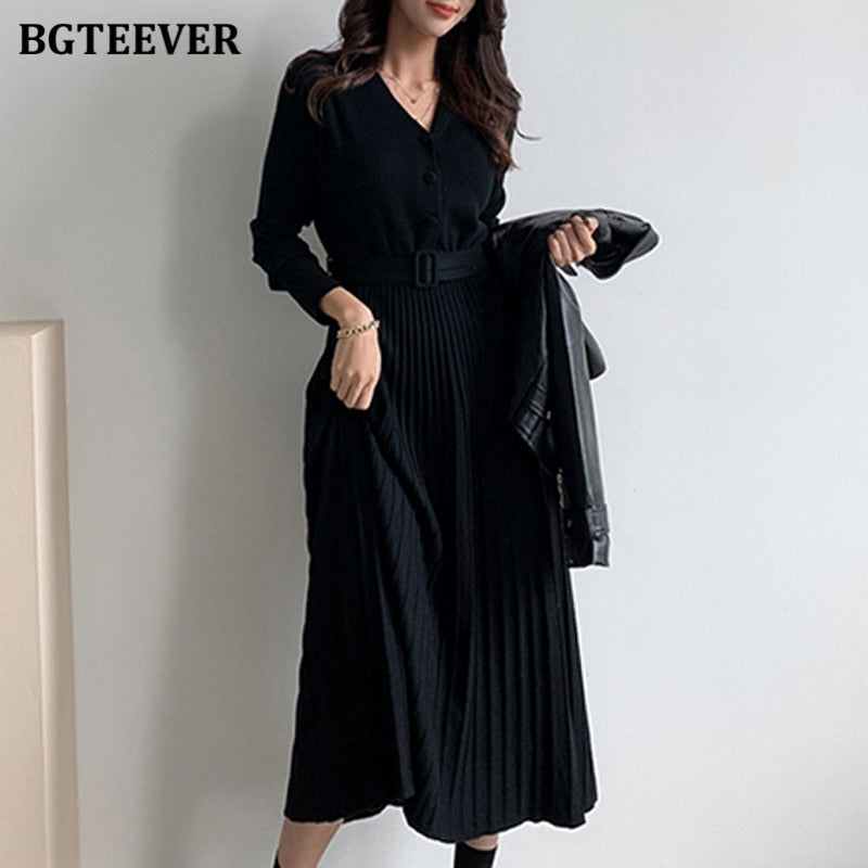 BGTEEVER Elegant V-neck Single-breasted Women Thicken Sweater Dress 2021 Autumn Winter Knitted Belted Female A-line soft dresses