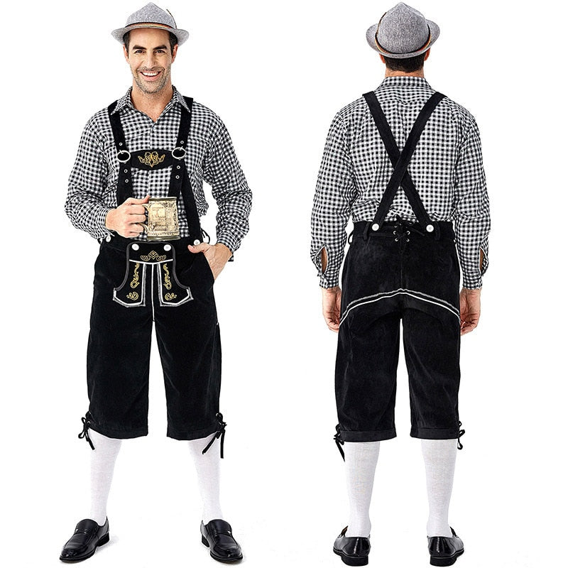 Traditional German Oktoberfest Man's Beer Costume Red Gray Plaid Shirt Embroidered Straps Halloween Carnival Party Cosplay Set