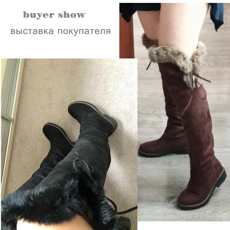 Hot Warm Snow Boots Women 2023 Winter Shoes Warm Fur Plush Over Knee High Boot Ladies Casual Low Rubber Heels Long Shoes Female