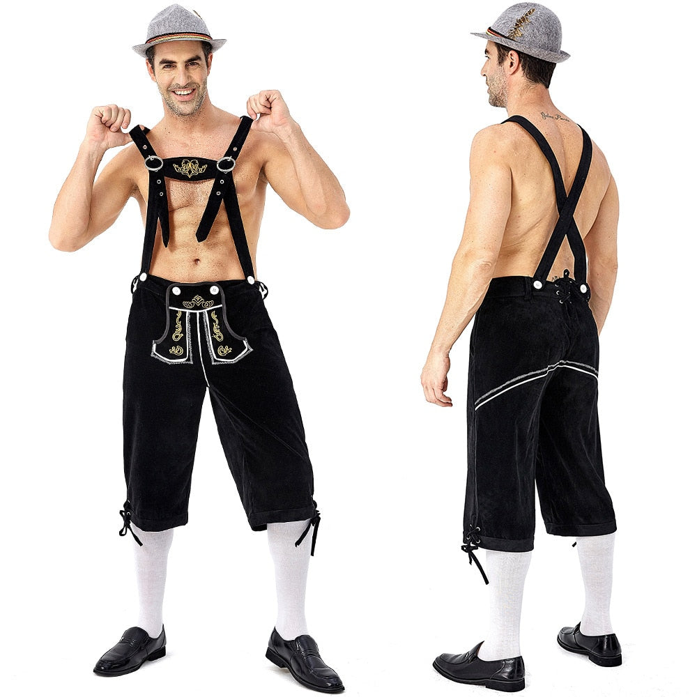 Adults German Bavarian Oktoberfest Costumes Men Traditional Outfit Plaid Shirt Embroidered Straps Shorts Halloween Carnival Set