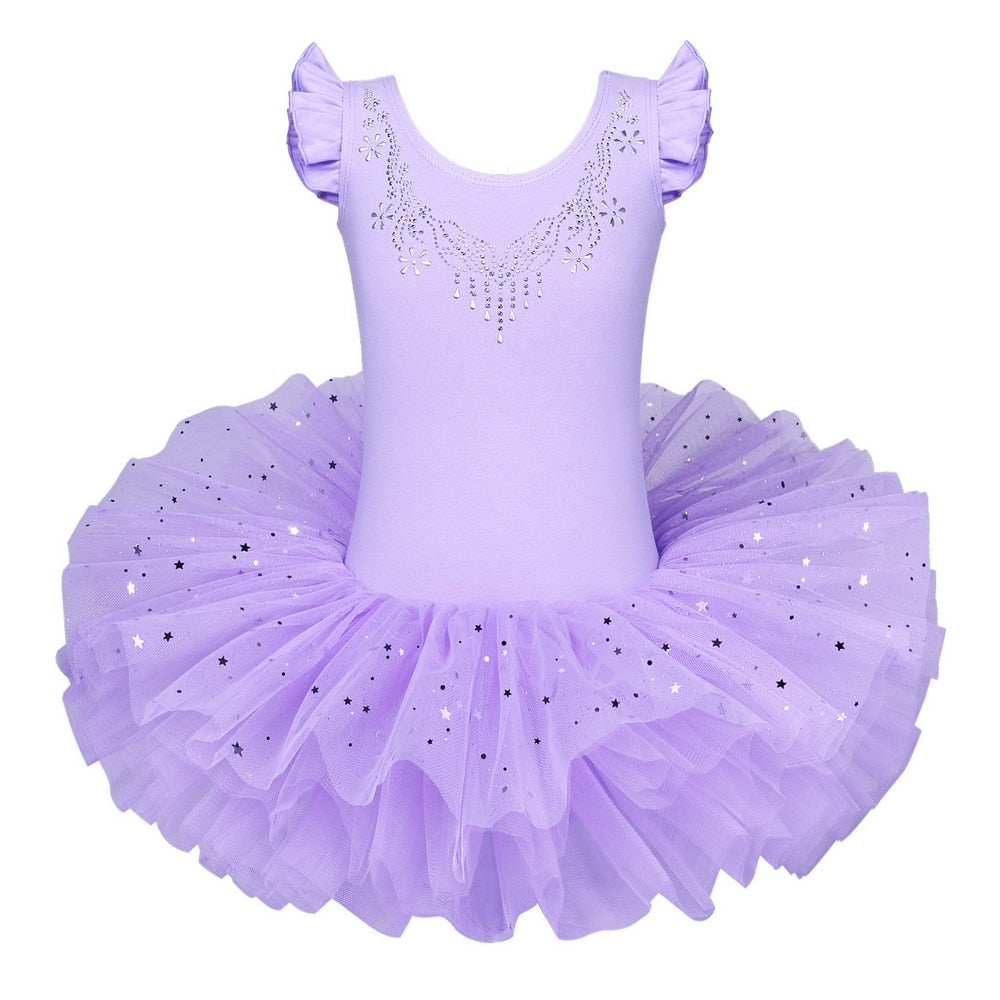 BAOHULU Girls Ballerina Ballet Dress Rhinestone Decro Bow Design Dance Tulle Skirt Girls Short Sleeve Performance Princess Dress