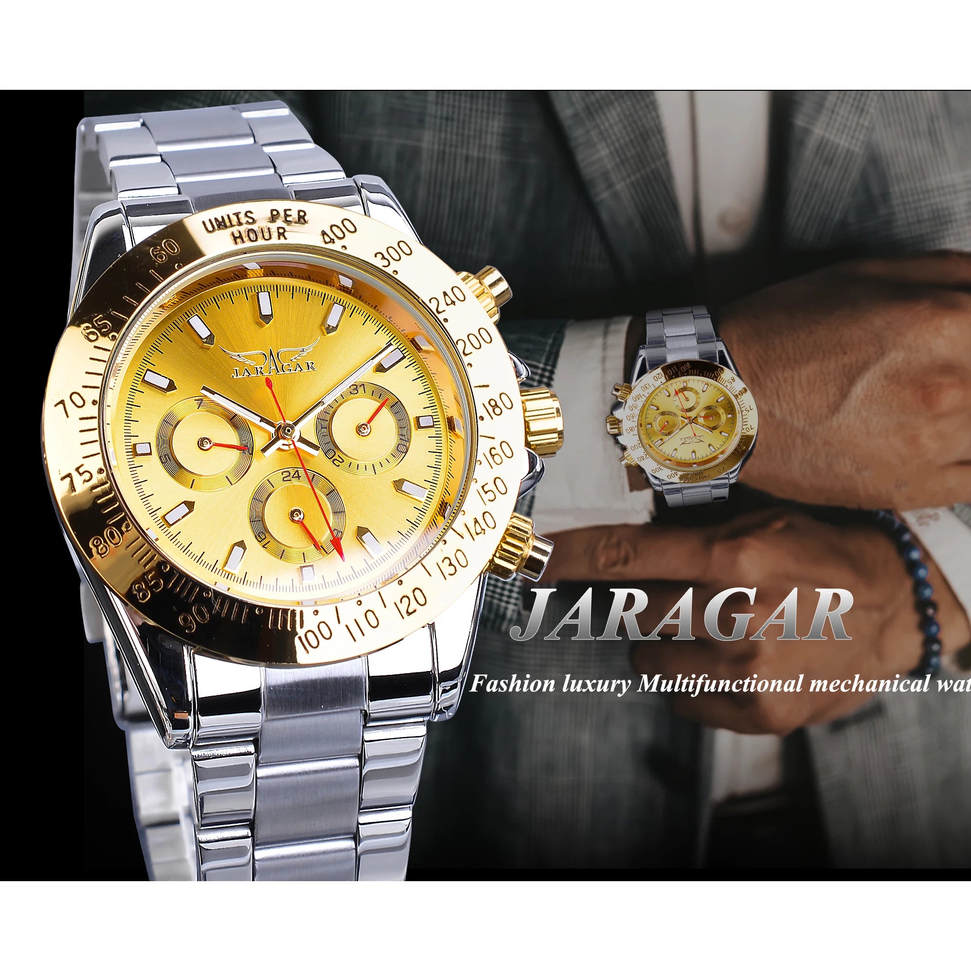 Jaragar Golden Automatic Men Wristwatch 3 Sub Dial Design Calendar Big Watches Steel Strap Mechanical Luxury Business Clock Gift