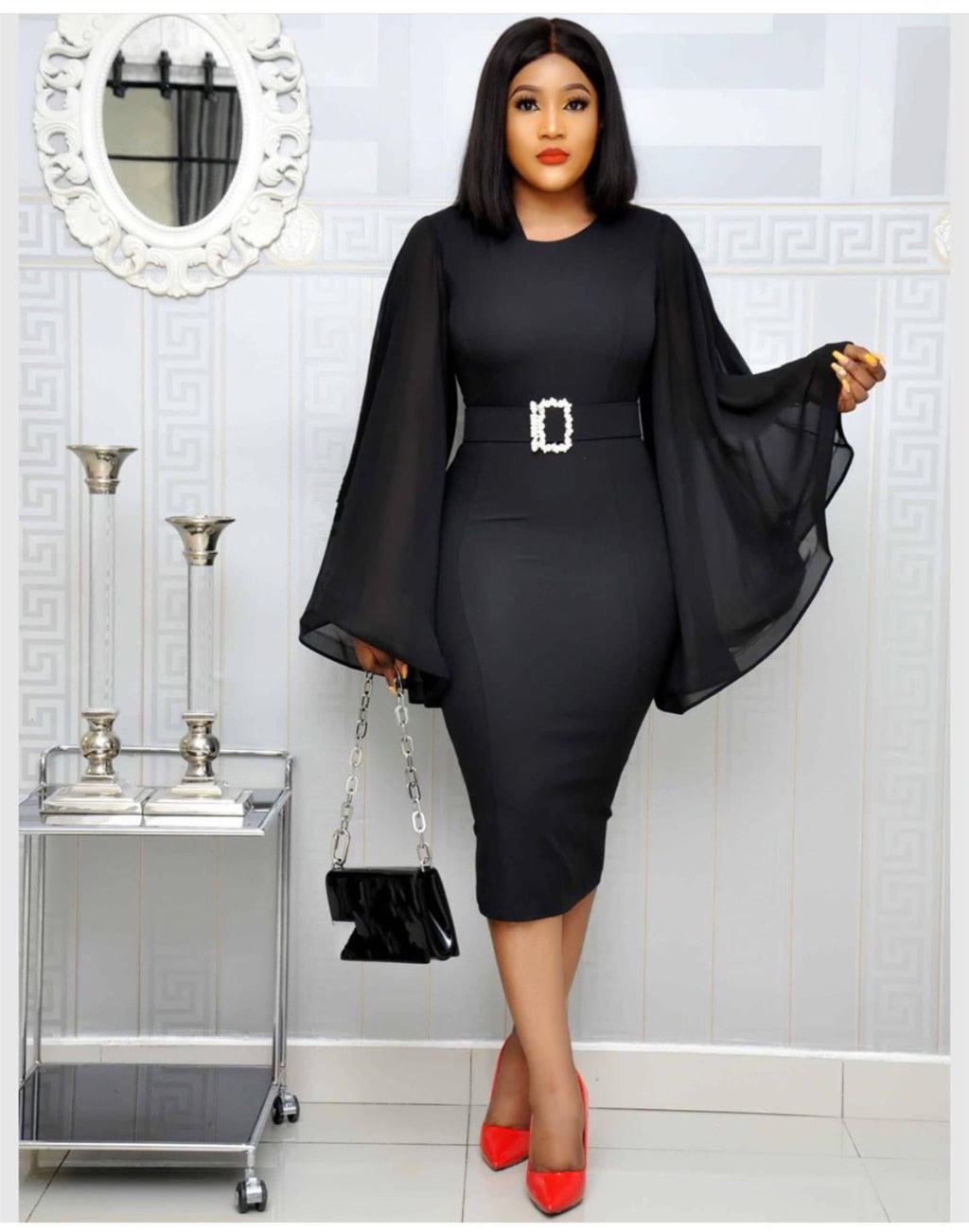 Black Elegant Party Dress Women 2019 Black Office Fashion Chiffon Flare Long Sleeve Sexy Bodycon Belt Ladies Autumn Midi Dresses