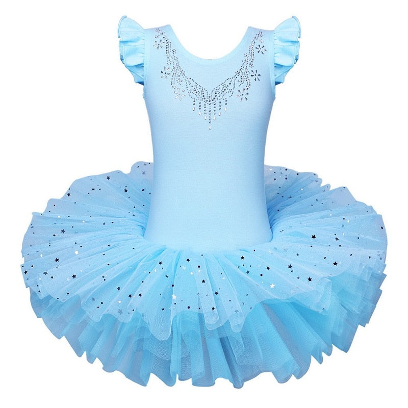 BAOHULU Girls Ballerina Ballet Dress Rhinestone Decro Bow Design Dance Tulle Skirt Girls Short Sleeve Performance Princess Dress