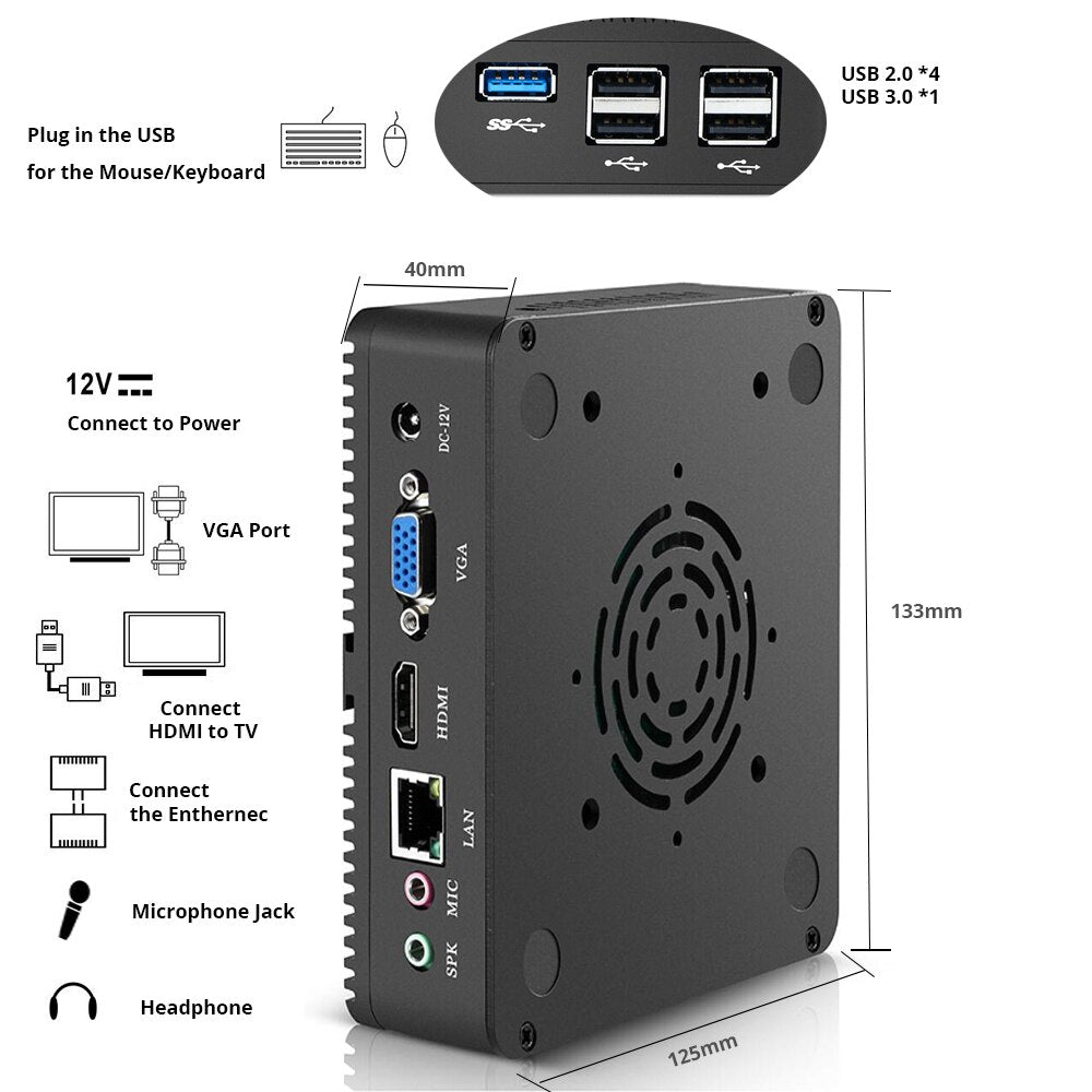 Fanless Mini PC Intel Celeron N2830 4GB/8GB RAM 64GB/128GB SSD 2.4G WiFi Gigabit Ethernet Support Windows 7/8/10 Linux