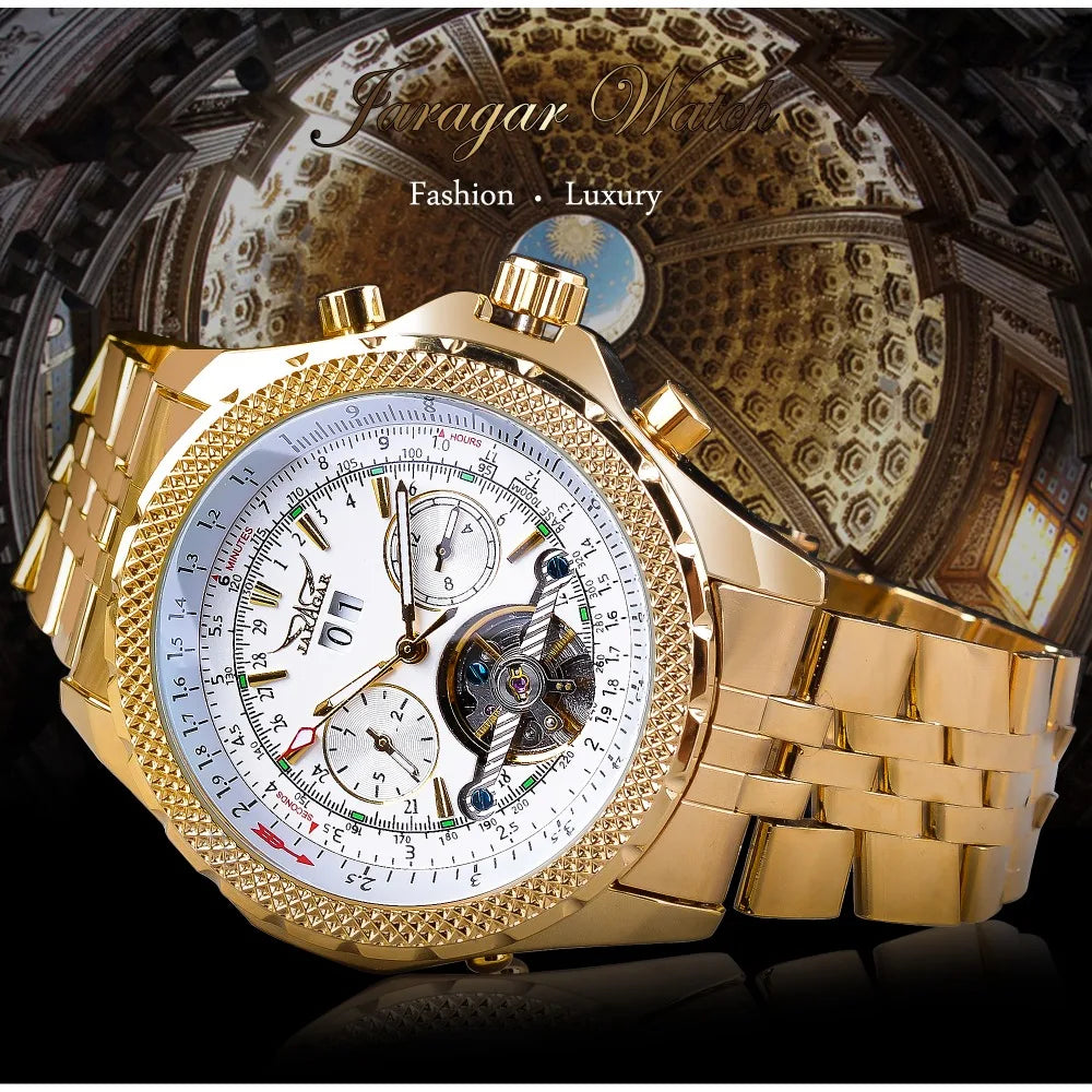 Jaragar Golden Stainless Steel Tourbillion Design Calendar Display Mens Watches Top Brand Luxury Automatic Mechanical Wristwatch