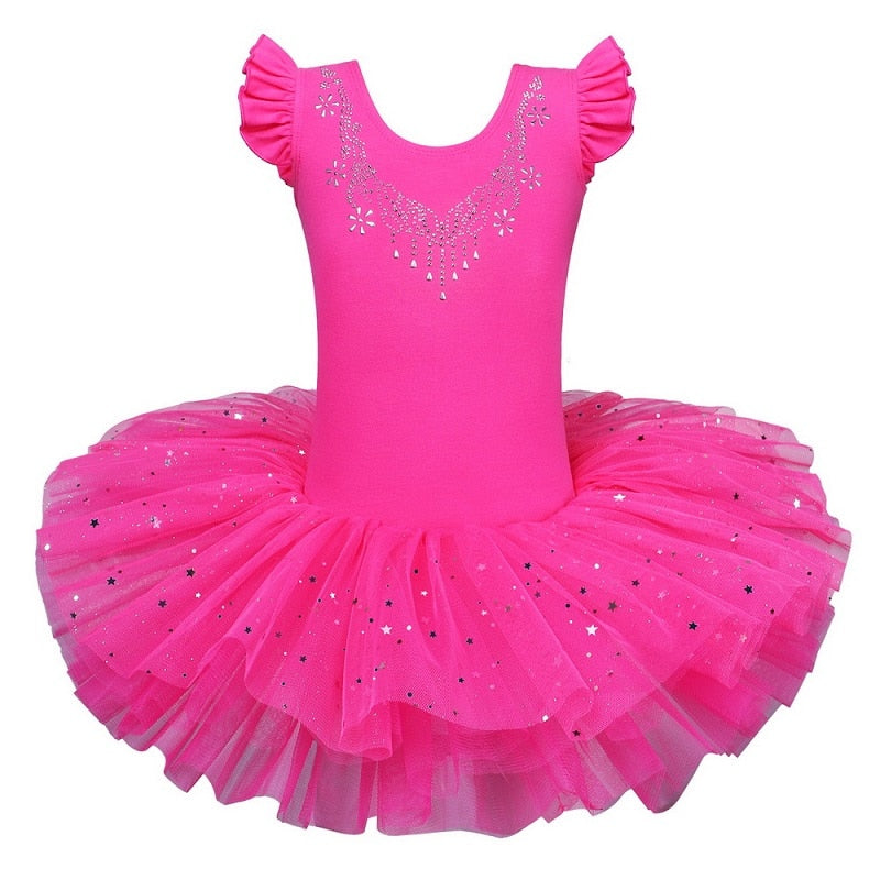 BAOHULU Girls Ballerina Ballet Dress Rhinestone Decro Bow Design Dance Tulle Skirt Girls Short Sleeve Performance Princess Dress