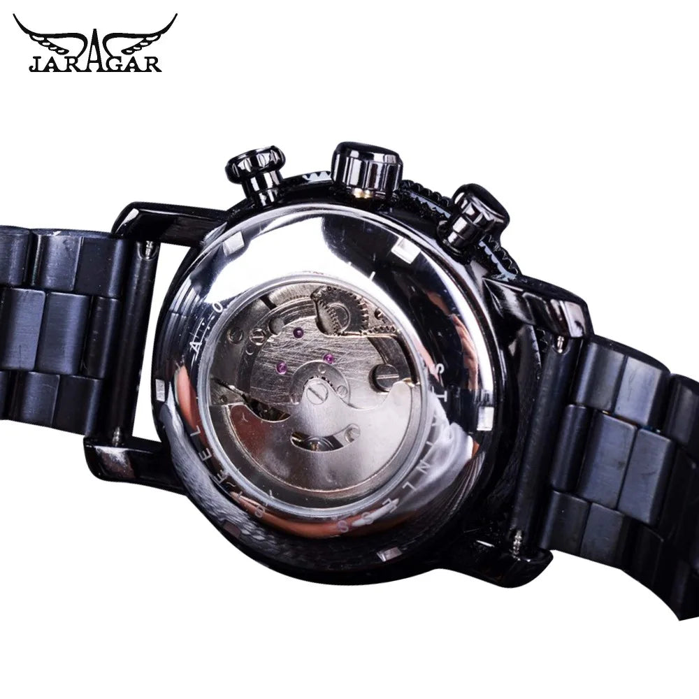 Jaragar Fashion Three Small Dial Date Week Hour Display Black Bracelet Men's Automatic Watches Luminous Hands Military Clock