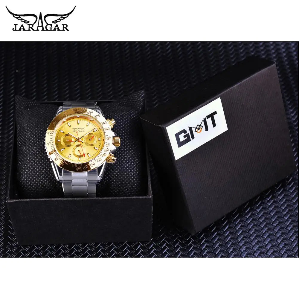 Jaragar Golden Automatic Men Wristwatch 3 Sub Dial Design Calendar Big Watches Steel Strap Mechanical Luxury Business Clock Gift