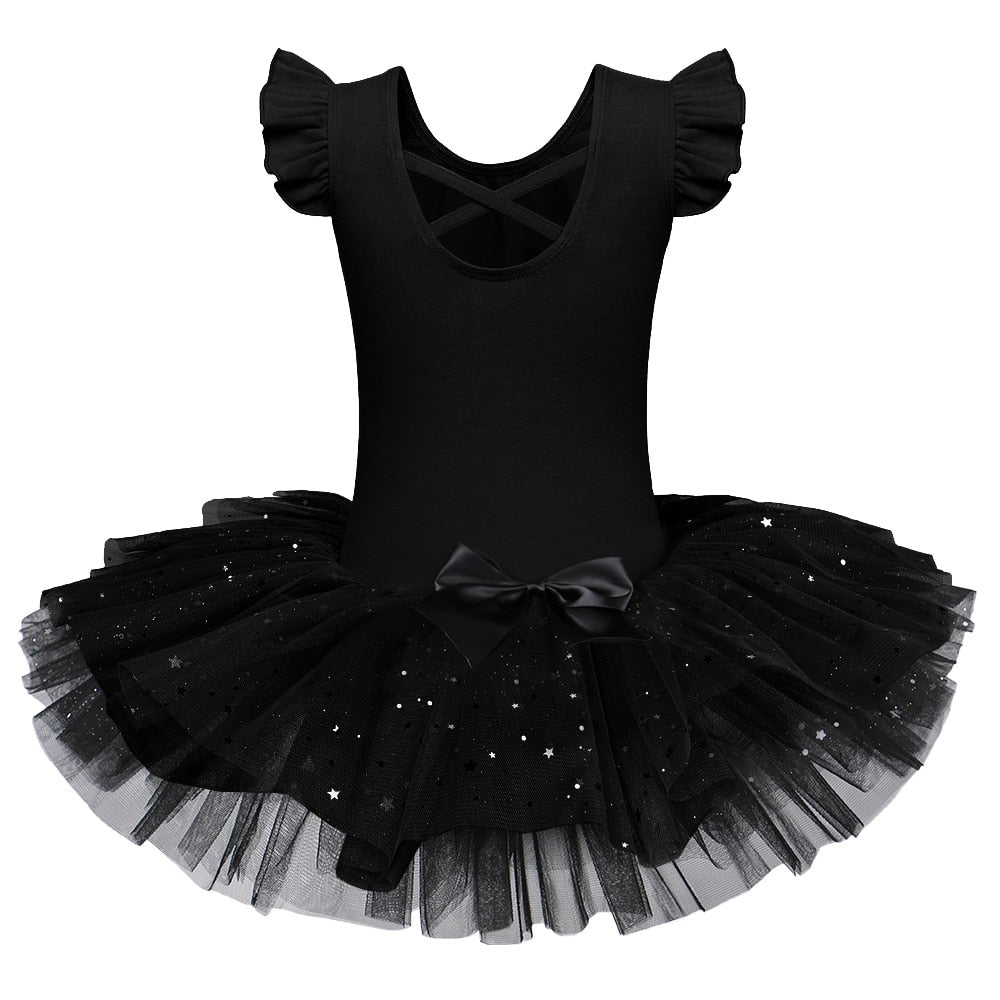 BAOHULU Girls Ballerina Ballet Dress Rhinestone Decro Bow Design Dance Tulle Skirt Girls Short Sleeve Performance Princess Dress