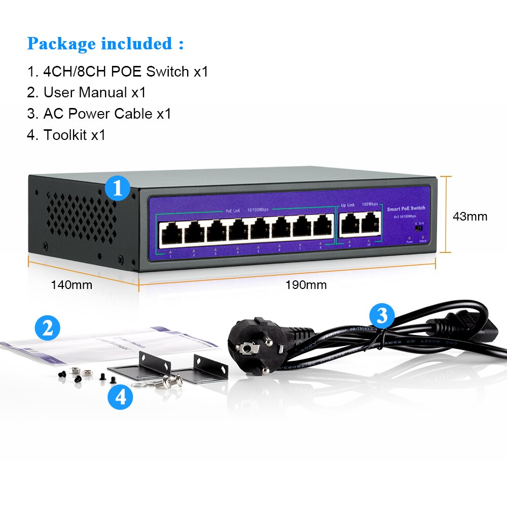 Techage 4CH 8CH 52V Network POE Switch With 10/100Mbps IEEE 802.3 af/at Over Ethernet IP Camera/ Wireless AP/ CCTV Camera System