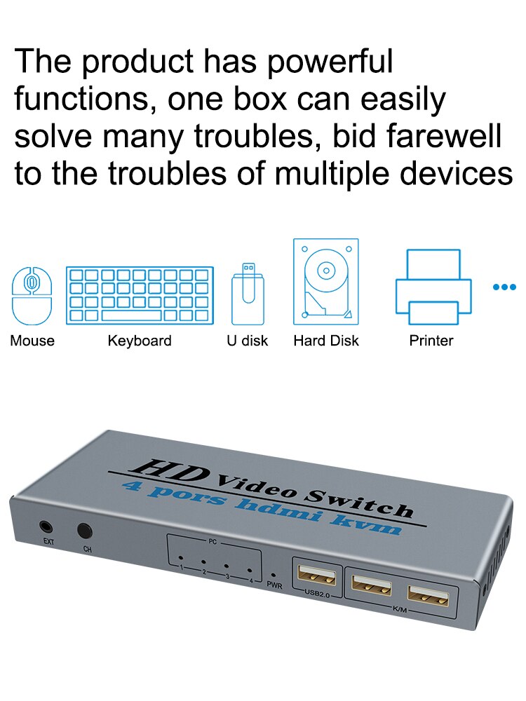 KVM HDMI Switch 4K USB HDMI KVM Switcher 4 in 1 Out with 3 USB Ports out for Mouse Keyboard U-disk Printer for Win7/8/10 MAC