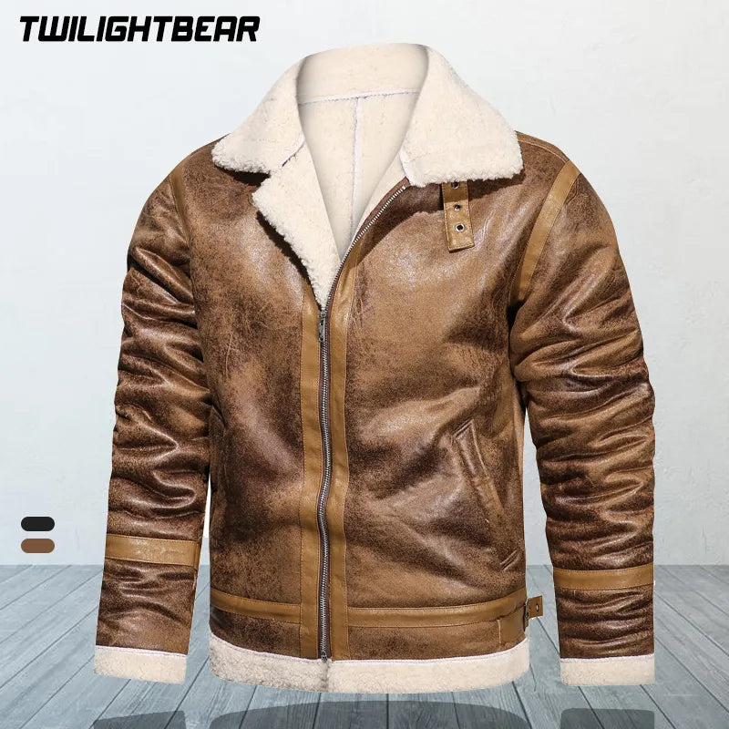 Winter Fur Leather Jacket Men's Bomber Jacket Oversized High Quality Casual Jacket Men Clothing Fashion Outwear Overcoat