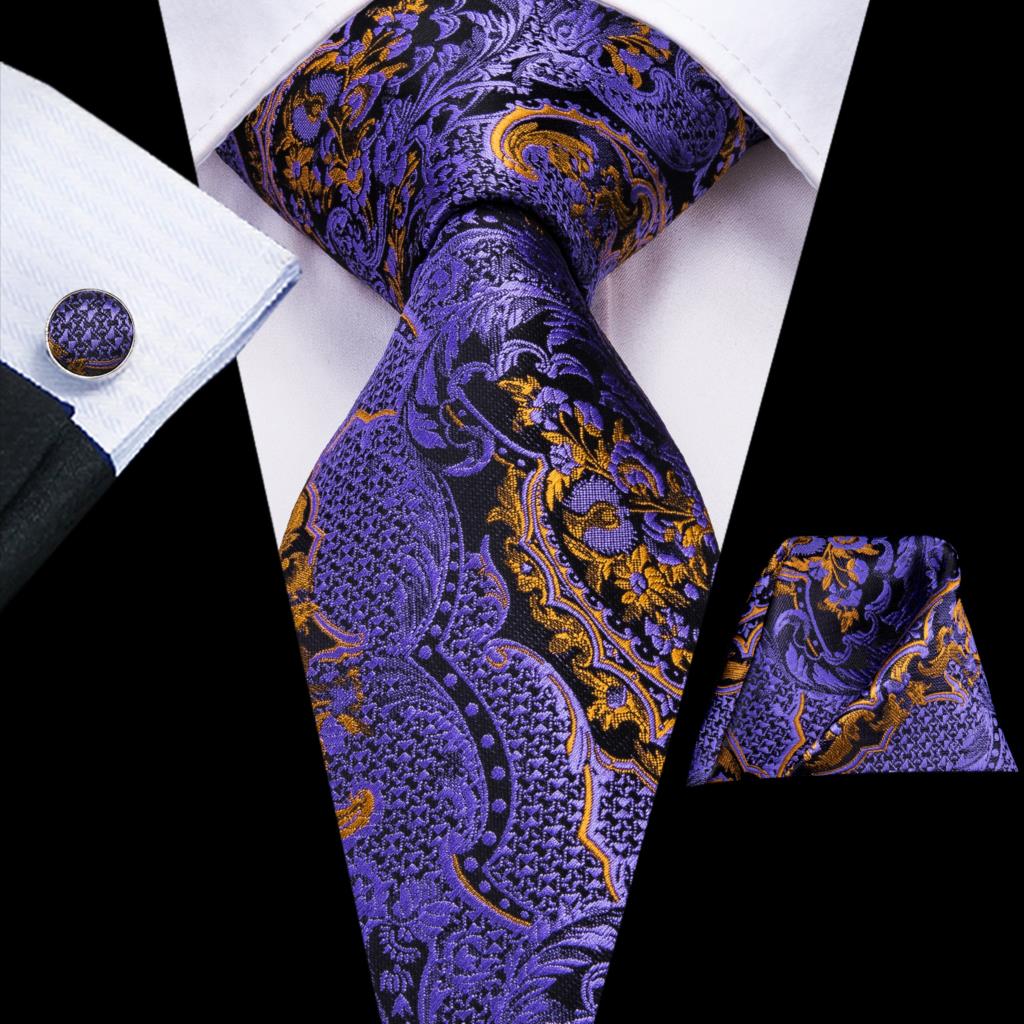 Hi-Tie 100% Silk Luxury Mens Ties Floral Black Gold Ties Paisley NeckTie Pocket Square Cufflinks Set Men&#39;s Wedding Party Tie