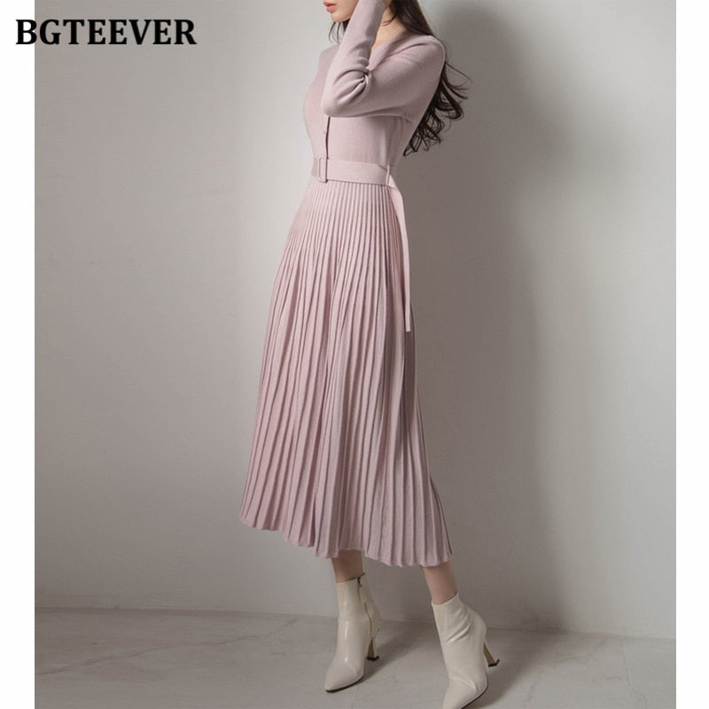 BGTEEVER Elegant V-neck Single-breasted Women Thicken Sweater Dress 2021 Autumn Winter Knitted Belted Female A-line soft dresses