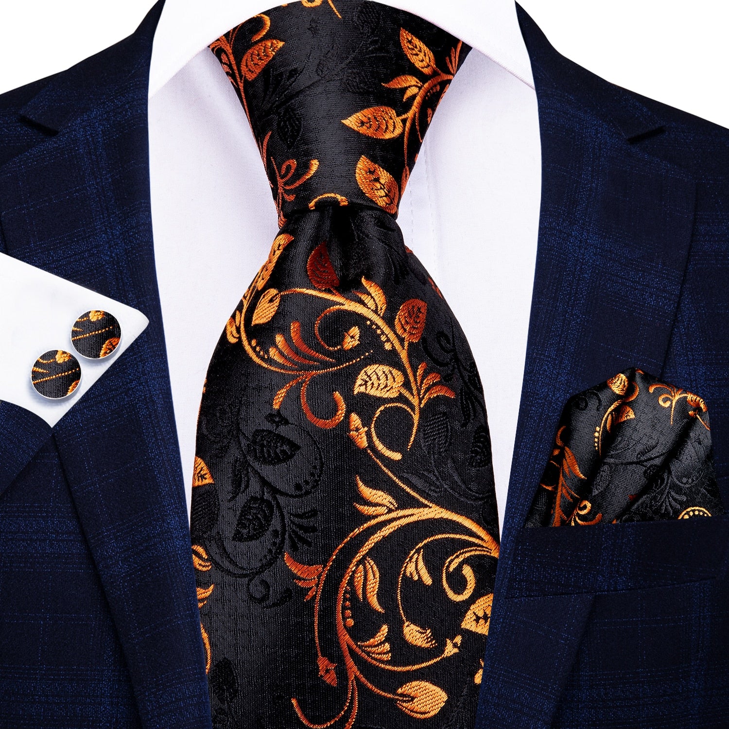 Hi-Tie 100% Silk Luxury Mens Ties Floral Black Gold Ties Paisley NeckTie Pocket Square Cufflinks Set Men&#39;s Wedding Party Tie