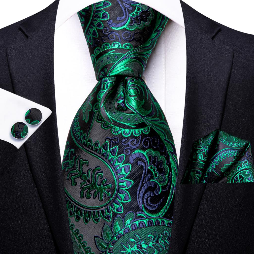 Hi-Tie 100% Silk Luxury Mens Ties Floral Black Gold Ties Paisley NeckTie Pocket Square Cufflinks Set Men&#39;s Wedding Party Tie