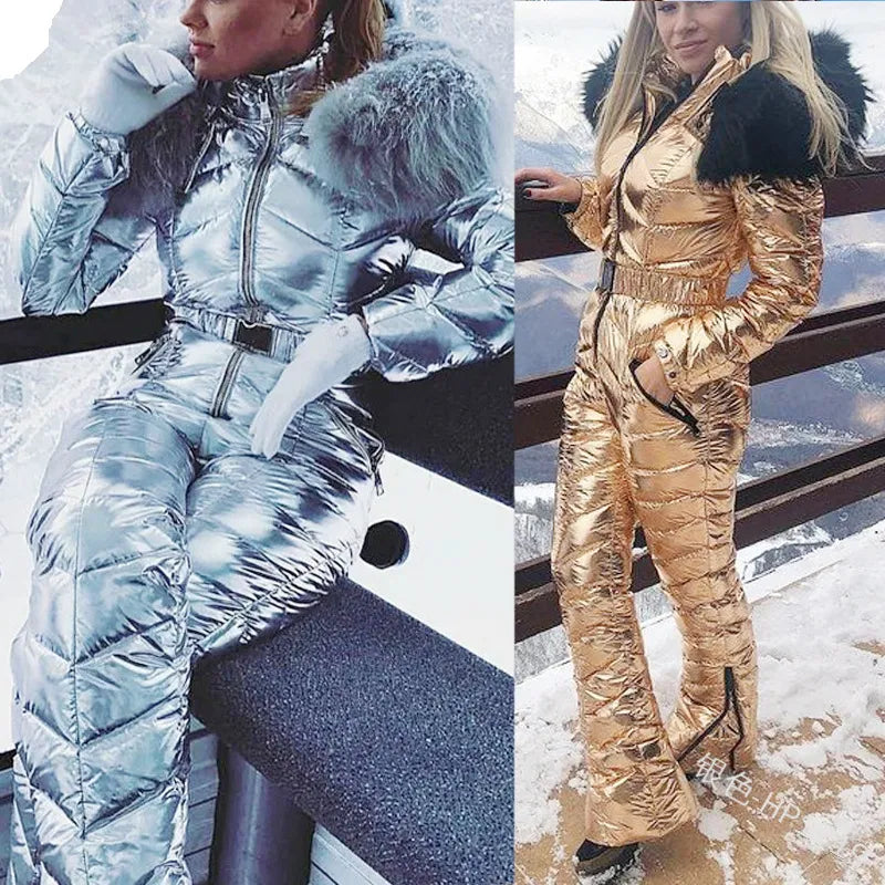 New Shiny Silver Gold One-Piece Ski Suit Women Winter Windproof