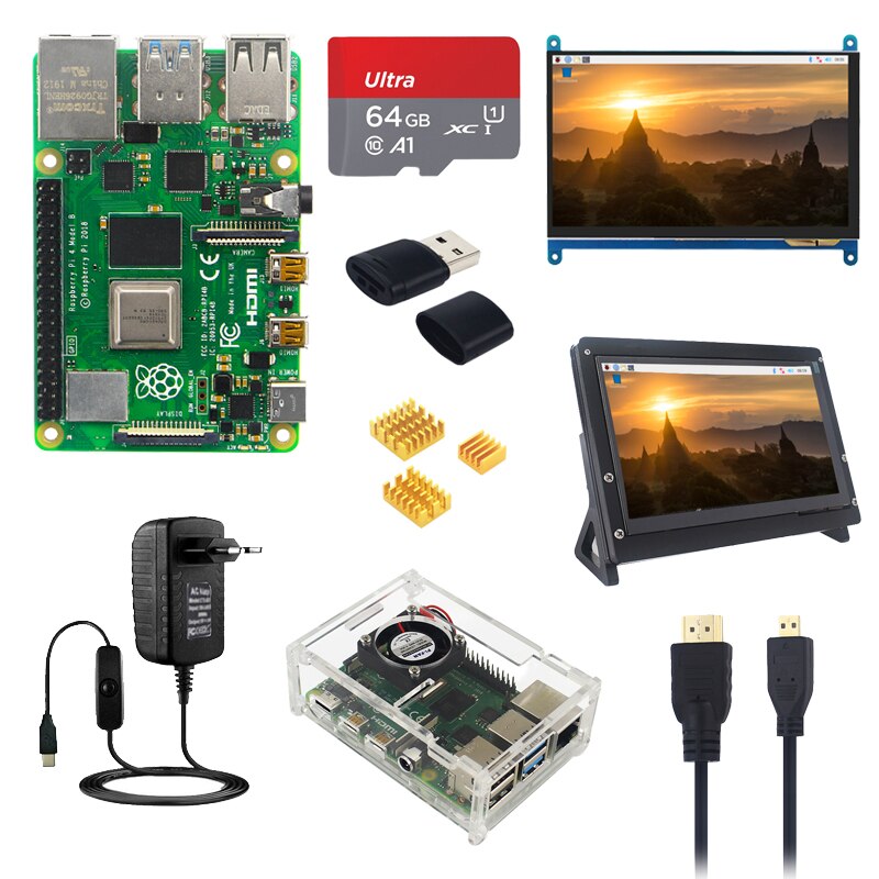 Raspberry Pi 4 Model B 2 4 8 GB RAM + 7 inch IPS Touch Screen + Holder + 64 32 GB TF Card + Fan + Power  Adapter  for RPi 4 B