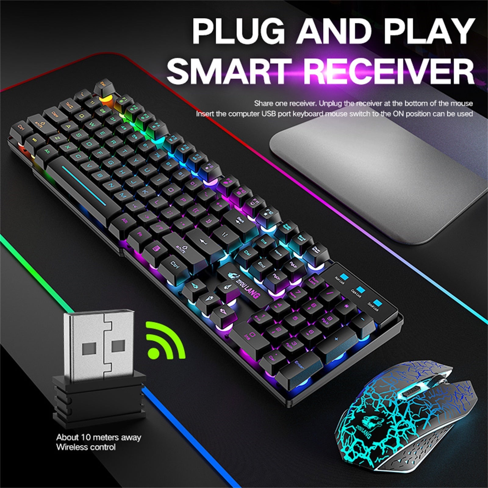 LED Rechargeable Wireless Keyboard Gaming Mouse Sets Rainbow