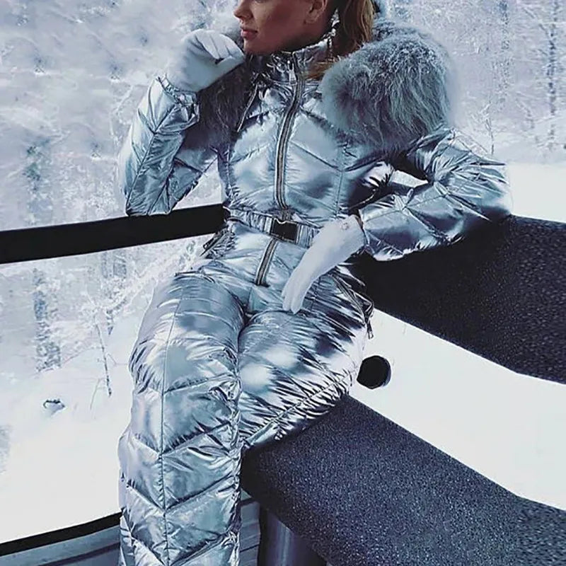 New Shiny Silver Gold One-Piece Ski Suit Women Winter Windproof