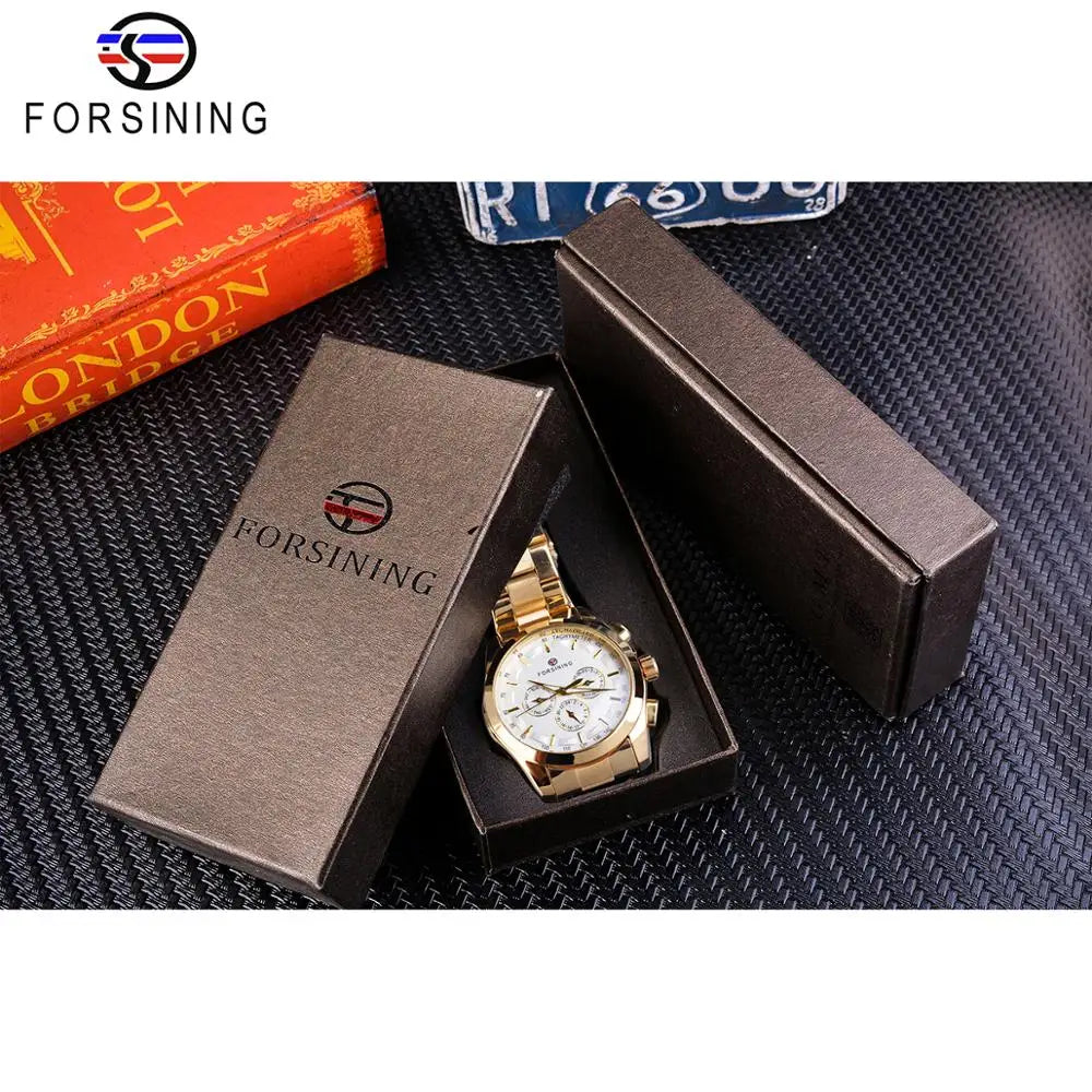 Forsining Golden Men Mechanical Watch Fashion 3 Dial Calendar Steel Band Business Gentleman Automatic Watches Clock Montre Homme